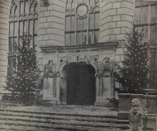 Udekorowane drzewka bożenarodzeniowe pod Dworem Artusa 1926 (ze zbiorów PAN Biblioteka Gdańska)