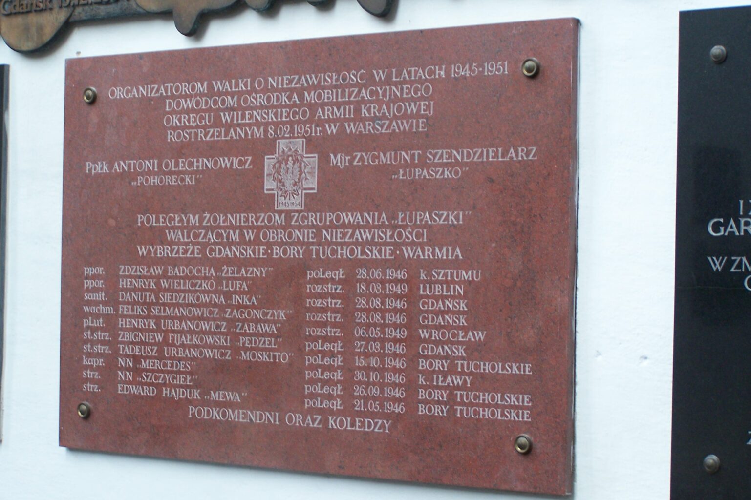Tablica upamiętniająca poległych dowódców i żołnierzy 5 Brygady Wileńskiej AK w Bazylice Mariackiej w Gdańsku
(Fot. Przemysław Giedrys).